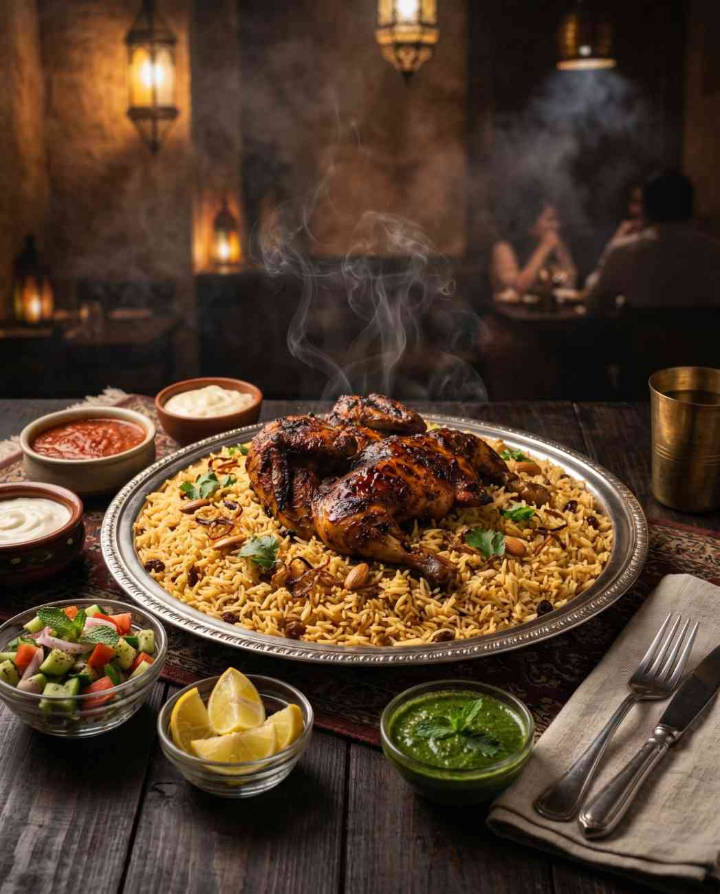 A bowl of Taqashi Mandi rice topped with slow-cooked chicken